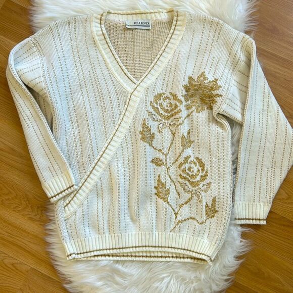 Vintage Ellen D Kollection Sweater White Gold Rose Medium - Picture 1 of 6